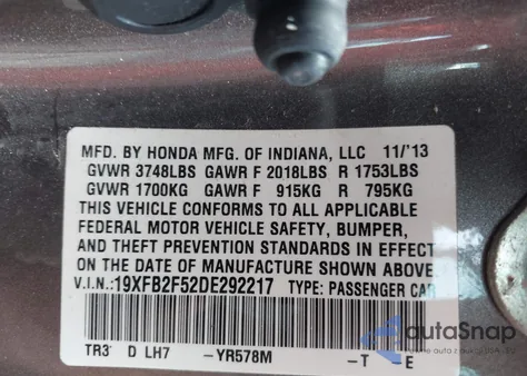 2013 Honda Civic Lx from USA, damaged, VIN 19XFB2F52DE292217